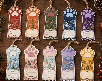 Etiquetas de regalo navideñas, juego de 10 etiquetas con huella de pata y cordón, lindas etiquetas para regalos de Navidad, etiquetas para regalos navideños, etiquetas para envolver regalos de Navidad.