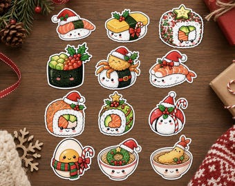 Pegatinas navideñas kawaii de sushi, lindas pegatinas de sushi, calcomanías de sushi y ramen, ideales para rellenar calcetines navideños, papelería festiva, calcomanías de vinilo para álbumes de recortes y diarios.