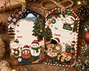 Etiqueta de regalo de Navidad Etiqueta de regalo de gato Navidad japonesa Etiqueta de regalo de vacaciones asiáticas Etiqueta de Navidad personalizada Etiqueta de regalo personalizada Etiqueta de nombre para envoltorio de regalo