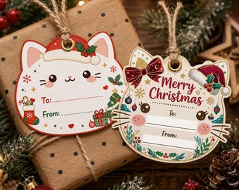 Etiqueta de regalo navideña con lindo gato, etiqueta navideña personalizada, etiqueta de regalo, envoltura de regalo, etiqueta de regalo navideña personalizada, etiqueta para bolsa de regalo, etiqueta navideña kawaii
