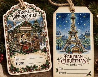 Etiqueta de regalo navideña vintage, etiqueta de regalo navideño europeo, etiqueta de envoltura de regalo navideña, etiqueta de bolsa de regalo Christkindlmarket y París, etiqueta de regalo