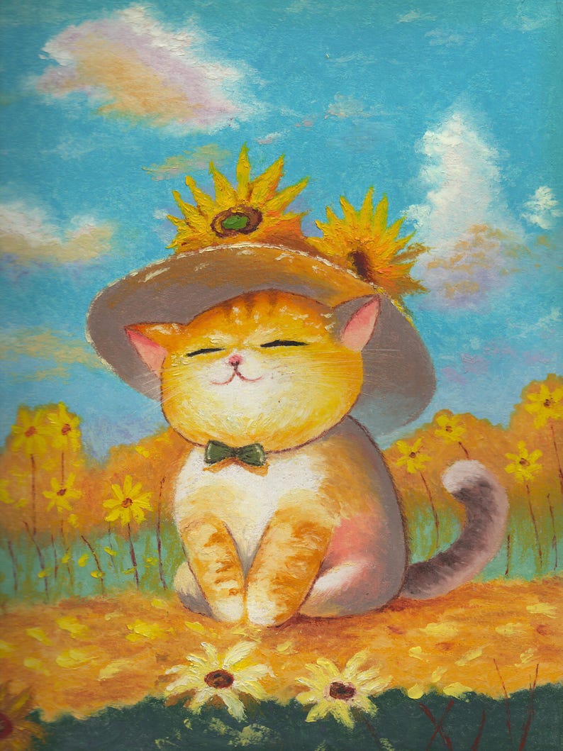Cat Art Print Whimsical Tabby Painting Floral Wall Art Nursery Decor ...