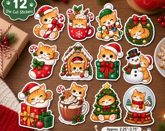 Juego de 12 pegatinas navideñas Kawaii con diseño de gato navideño, resistentes al agua, de vinilo, ideales para manualidades, tarjetas, álbumes de recortes y diarios. ¡Pegatinas navideñas adorables!