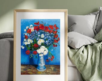 Reproducción al óleo pastel de "Acianos y amapolas" de Van Gogh, pintada a mano. Bodegón enmarcado. Decoración de pared para entrada. Regalo impresionista.