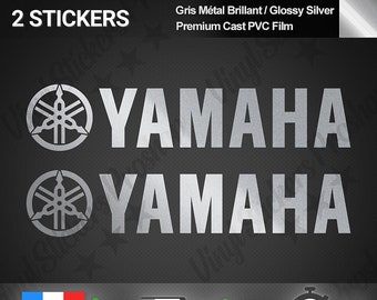 2 pegatinas para YAMAHA de 20 cm, película de PVC fundido en plata metalizada brillante, calidad prémium, kit de espejos para motocicletas de carreras y tuning con logotipo de tanque.