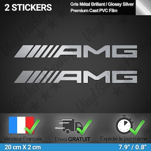 2 adesivi AMG 20 cm ARGENTO Mercedes metallizzato lucido Pellicola PVC Logo Tuning Kit specchietti laterali carrozzeria sport coupe