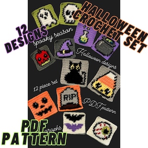 May include: A set of 12 crochet patterns for Halloween themed squares. The patterns include a ghost, skull, potion bottle, cauldron, black cat, candy corn, tombstone, jack-o-lantern, bat, eyeball, apple, and witch's hat. The patterns are available as a PDF download.