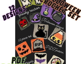 Op de afbeelding: Een set van 12 haakpatronen voor Halloween-thema vierkanten. De patronen omvatten een ​​spook, schedel, drankfles, ketel, zwarte kat, snoepmais, grafsteen, jack-o-lantern, vleermuis, oogbal, appel en heksenhoed. De patronen zijn beschikbaar als PDF-download.