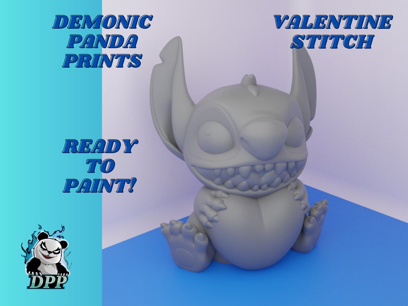 May include: A gray, unpainted plastic figurine of Stitch from Lilo & Stitch, sitting with his arms crossed and a big smile. The figurine is ready to be painted. The text "Valentine Stitch" is in the upper right corner of the image. The text "Demonic Panda Prints" is in the upper left corner of the image. The text "Ready to Paint!" is in the lower left corner of the image.