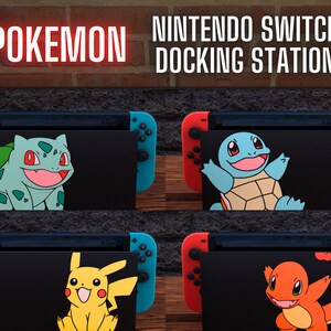 May include: A black Nintendo Switch docking station with a custom design featuring Pokemon characters. The front panel of the docking station features a different Pokemon character on each side: Bulbasaur, Squirtle, Pikachu, and Charmander.