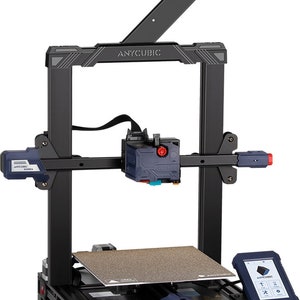 May include: A black 3D printer with a blue and red extruder, a black and gray build plate, and a black and blue control panel. The printer is labeled "ANYCUBIC".