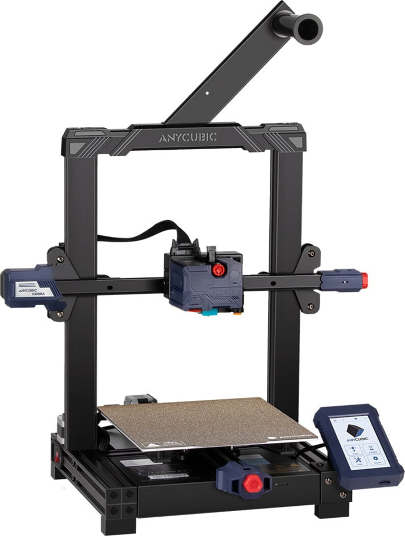 May include: A black 3D printer with a blue and red extruder, a black and gray build plate, and a black and blue control panel. The printer is labeled "ANYCUBIC".