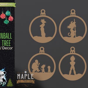 May include: Four brown Christmas ornament designs featuring characters from the anime Dragonball Z. The ornaments are labelled "Dragonball Xmas Tree Bauble/Decor".