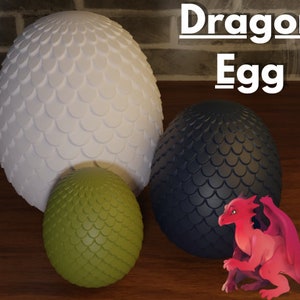 May include: Three dragon eggs, one white, one black, and one green, with a small red dragon figurine in front of them. The eggs have a textured, scaly surface. The text "Dragon Egg" is written in white letters on a black background.