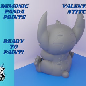 May include: A gray, unpainted, 3D printed figurine of Stitch from Lilo & Stitch, sitting with his arms crossed. The figurine is ready to be painted. The text "Valentine Stitch" is in the upper right corner of the image.