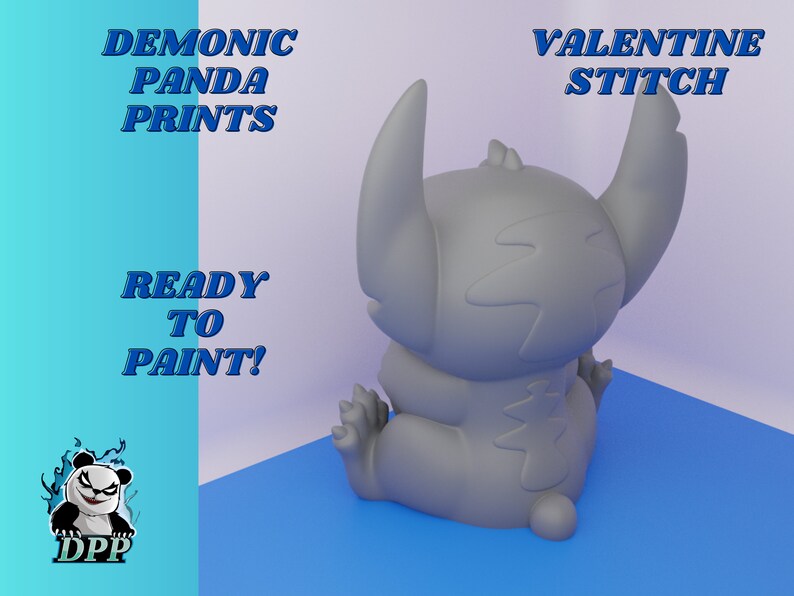 May include: A gray, unpainted, 3D printed figurine of Stitch from Lilo & Stitch, sitting with his arms crossed. The figurine is ready to be painted. The text "Valentine Stitch" is in the upper right corner of the image.