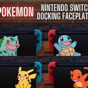 May include: Four Nintendo Switch dock faceplates featuring Pokemon characters. The faceplates are black with red and blue accents. The characters are Bulbasaur, Squirtle, Pikachu, and Charmander.