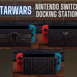 May include: A Nintendo Switch docking station with three different Star Wars themed designs. The designs include the Rebel Alliance symbol, the Mandalorian symbol, and the Imperial symbol.