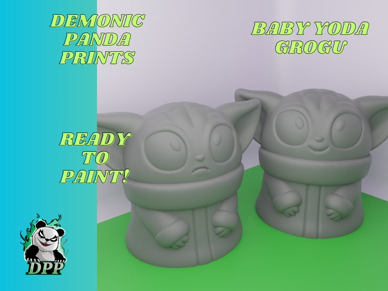 May include: Two unpainted gray 3D printed figurines of Baby Yoda, also known as Grogu, from the Star Wars series The Mandalorian. The figurines are ready to be painted. The text "DEMONIC PANDA PRINTS" and "BABY YODA GROGU" are visible in the image. The text "READY TO PAINT!" is also visible in the image.