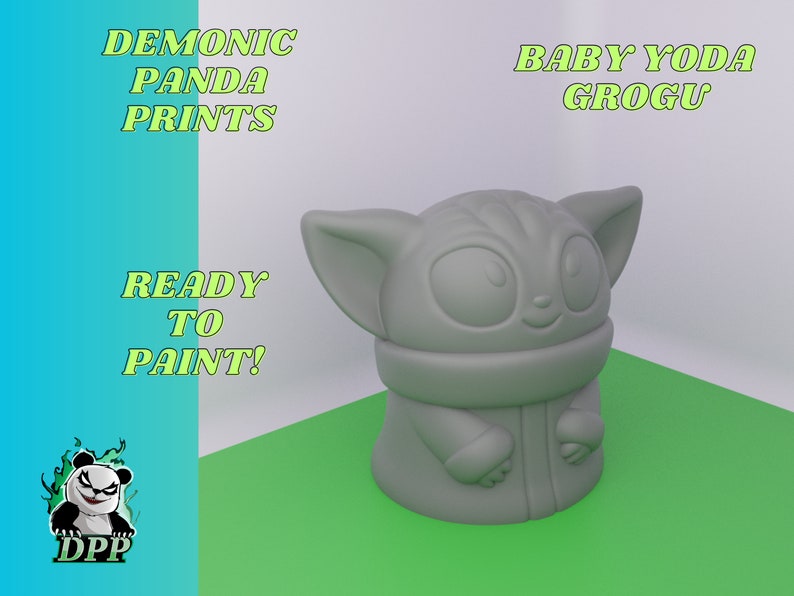 May include: Unpainted gray plastic figurine of Baby Yoda, also known as Grogu, from the Star Wars series The Mandalorian. The figurine is ready to be painted. The text "BABY YODA GROGU" is written in green letters on a white background.