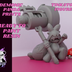 May include: A gray, unpainted resin figure of the Pokemon Tinkaton holding a hammer. The figure is ready to be painted. The figure is on a pink surface with two red and white Poke Balls.