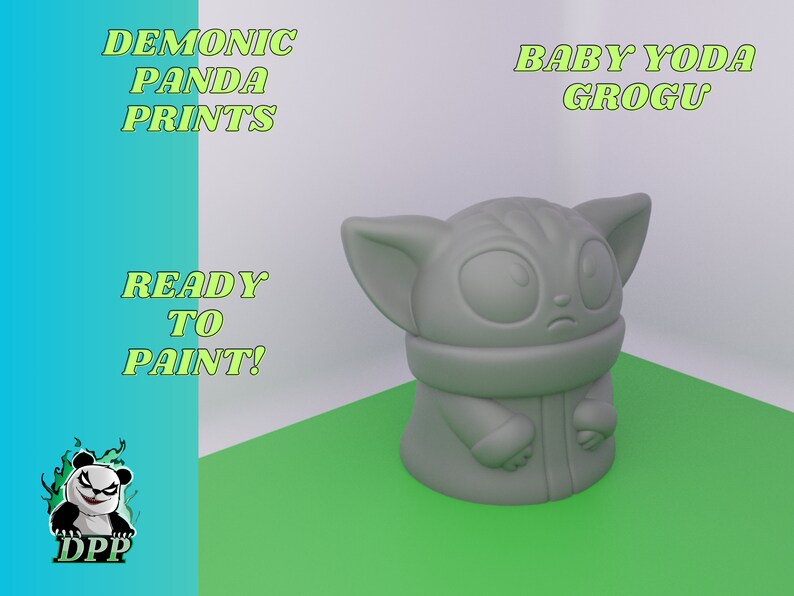 May include: A gray 3D printed figurine of Baby Yoda, also known as Grogu, from the Star Wars series The Mandalorian. The figurine is ready to be painted. The text "BABY YODA GROGU" is written above the figurine.