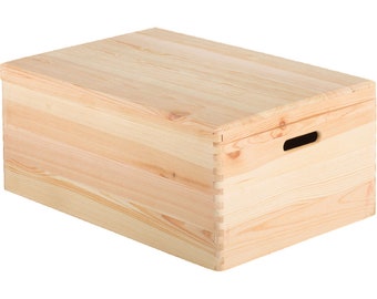 Grote houten kist met scharnierend deksel - 60x40x23 cm, plankdoos, massief houten kist, kastdoos, kubusplank, speelgoeddoos, doe-het-zelf, thuis, deksel