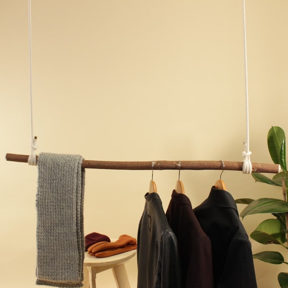 Hanging Coat Rack naturbursche With Rope and Stick With Bark Wall Coat Rack Clothes Rail Coat Rack With Round Rod Natural Stick Cotton Rope Etsy