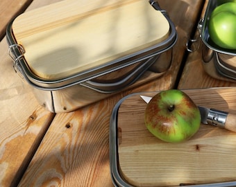 Lunchbox aus Edelstahl mit verschiedenen Holzbrettchen, Wasserdichte Brotdose mit Bügelverschluss, Essensbehälter, Snackbox, Brotbox