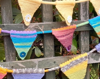 HANDMADE KNITTED BUNTING - 3 styles in bright wool, triangular flags on 1.6 metre lengths. wall hangings which are adjustable