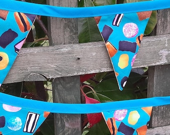Sweet Allsorts fabric bunting, mini flags on turquoise bias binding, design similar to a popular liquorice sweet, fun, novelty bunting