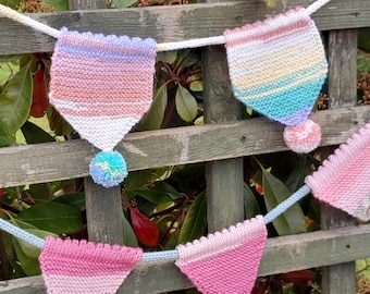 HANDKNITTED PASTEL BUNTING - adjustable 2 metre lengths with 7 flags each, sparkle banner with pom pom and plain with button embellishment