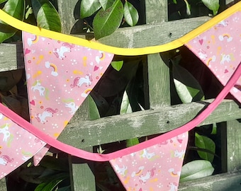 Unicorn themed fabric bunting, pink background, childrens nursery / bedroom / playroom, double sided flags, wall hangings / garlands