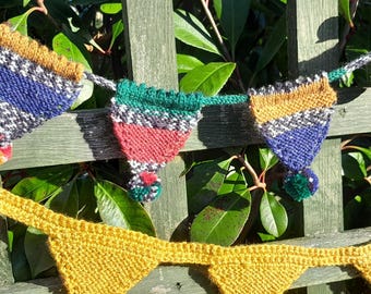 HANDMADE KNITTED BUNTING -  multi coloured with pom poms and gold with gold embellishment. Various adjustable lengths, triangular flags.