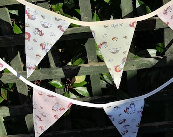 Unicorns fabric bunting, cream background / backed in bright, plain colours, nursery wallhangings, childrens bedroom / nursery, home decor