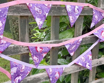 Handmade UNICORN FABRIC BUNTING - on dark lilac background, wide mini flags 11cm x 11cm - lilac or pink bias binding, short lengths 1m-1.2m