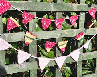 HAND KNITTED bunting - MINI wool lengths in pink, watermelon design or red colours, each with various embellishments, triangular flags