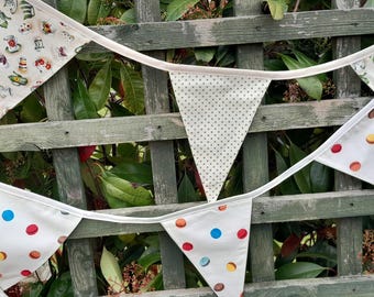 Tea Party themed bunting, crockery and macaroons on cream background, wall hangings, home decor, outdoor dining, triangular garlands