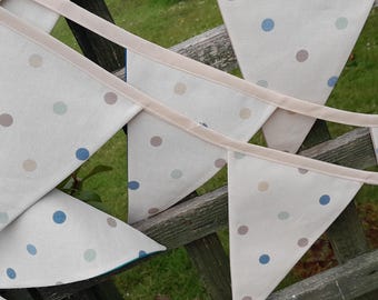 Handmade MULTI-COLOURED POLKA dot fabric bunting in medium or mini flags, off white background, 1.8m / 2m plus ties on cream bias binding