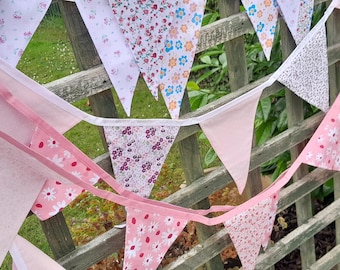 Handmade PINK FLORAL FABRIC bunting, 3 lengths 3m to 4.2m plus ties, pinks, purples and floral on white background, medium flags