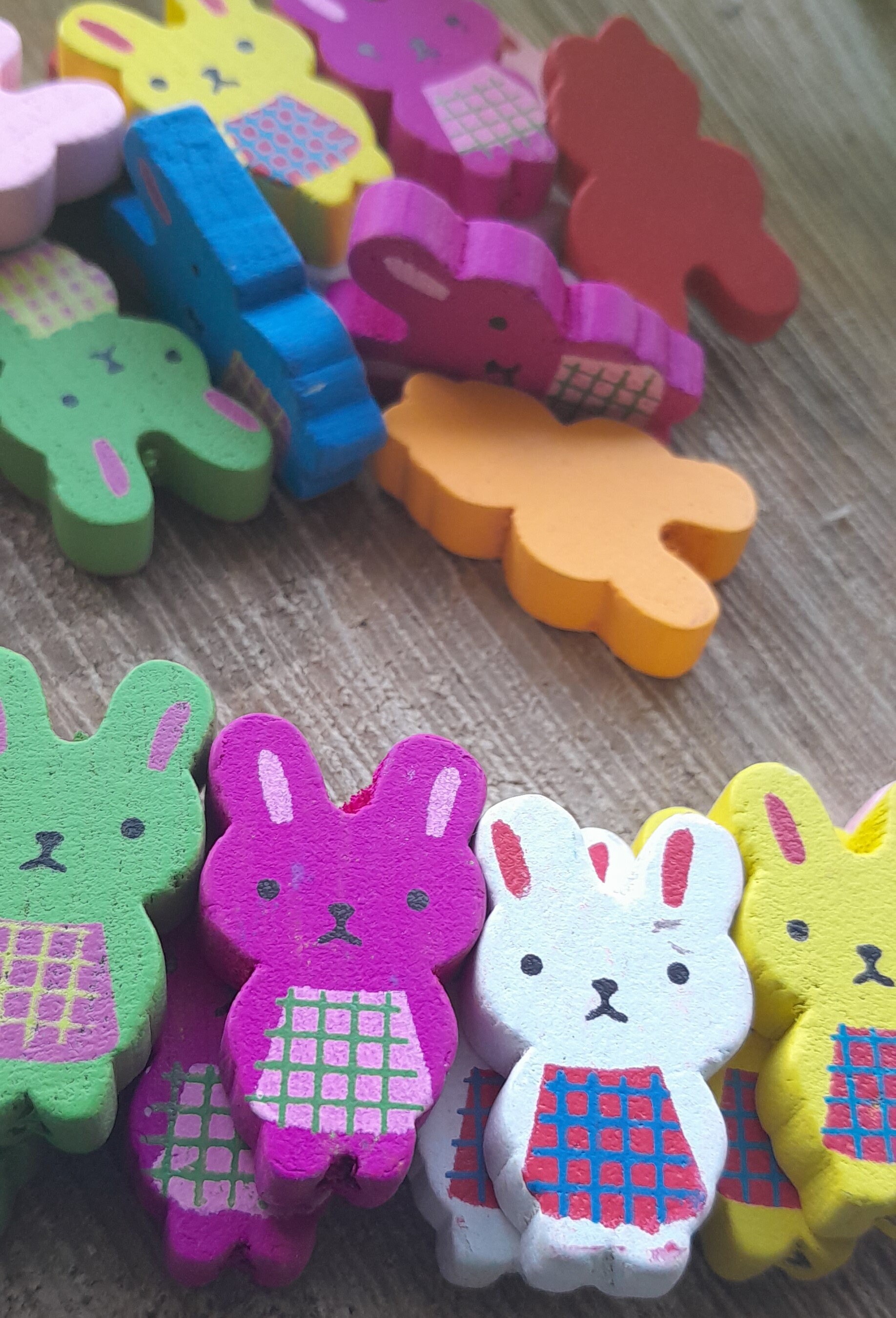 Wooden Rabbits Beads, Coloured Inner Ear / Apron / Black Eyes, Nose ...