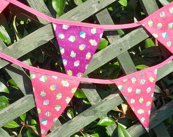 Cupcake design  fabric bunting, on purple/ mauve or cerise polka dot backgrounds, wall hangings, garlands, home or garden decoration
