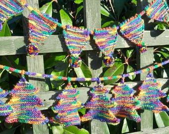 Hand knitted wool bunting / garlands, Christmas tree length, triangular with pom pom length, brightly coloured, sparkly style