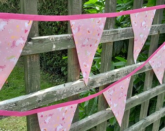 Handmade UNICORN & RAINBOWS FABRIC bunting, pink background with bright pink bias binding, in 2 lengths of 2m and 2.1m plus ties