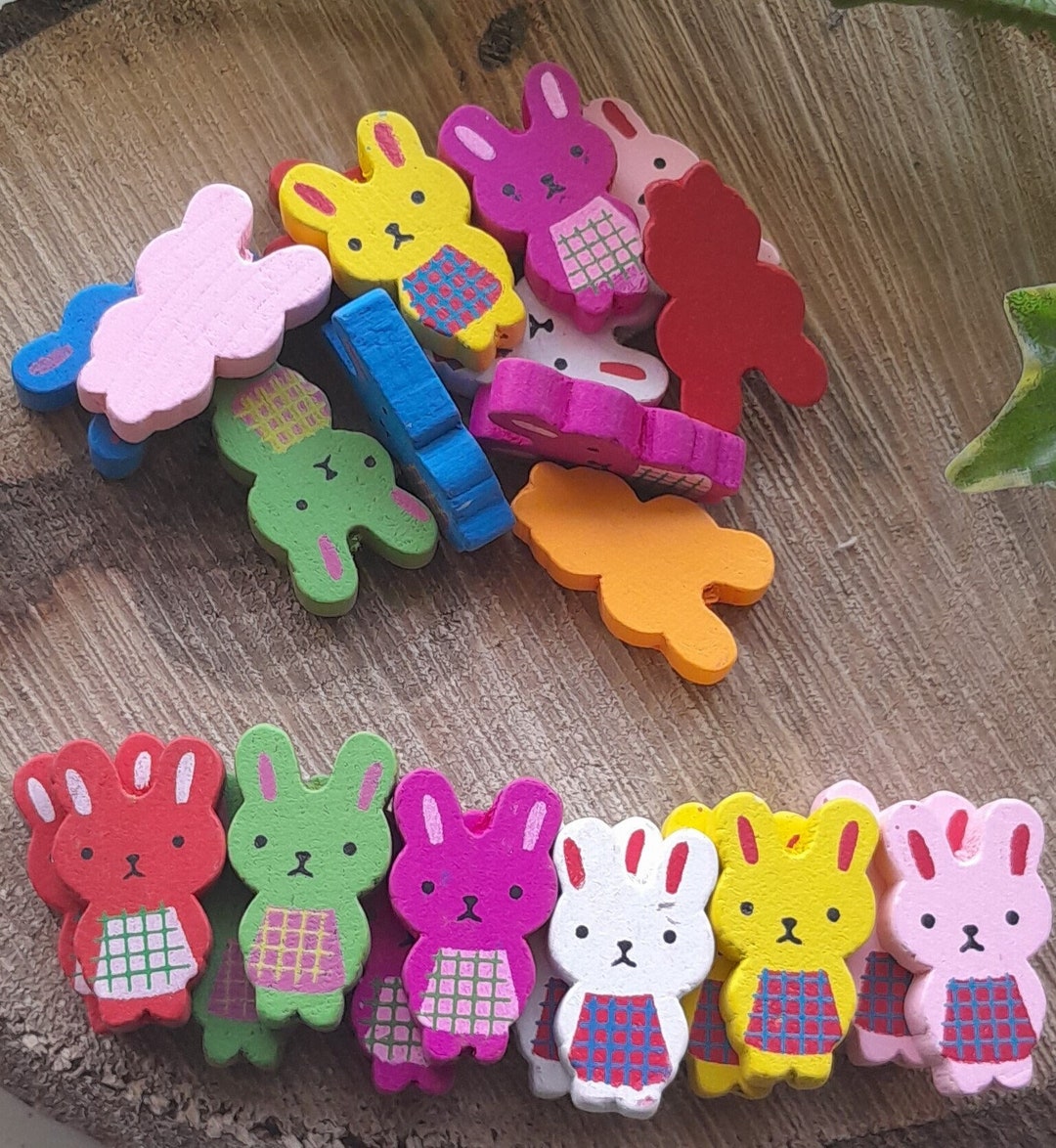 Wooden Rabbits Beads, Coloured Inner Ear / Apron / Black Eyes, Nose ...