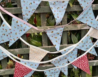 Bee themed fabric bunting on a vintage green background, double sided with floral design, wall hangings, home / garden decorations.