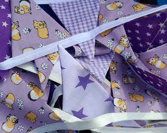 Guinea Pig pet themed fabric bunting on lilac background, childrens bedroom, playroom, playhouse, garden decorations / garlands