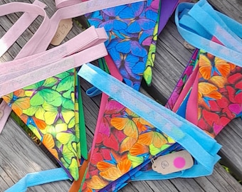 COLOURFUL BUTTERFLY MINI fabric flags bunting lengths - 10 - 14 flags on 1.6m - 2.7m lengths, measuring 12.5cm high x 8cm wide.