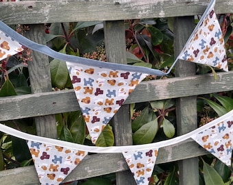 Dogs themed fabric bunting, double sided, on cream background, wide style flags, wall hangings, garlands, home decorations