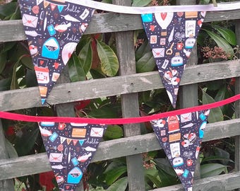 Love themed fabric bunting, backed in polka dot patterned fabric, garden / house decorations, double sided wall hanging.
